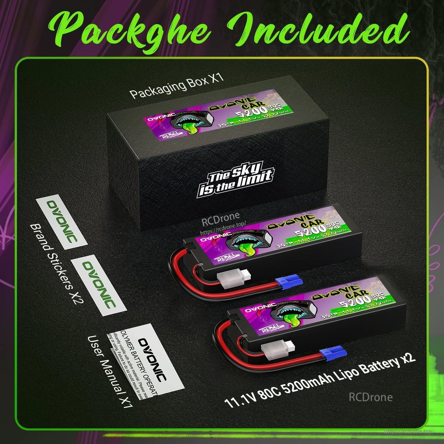 Package contents: 2 Ovonic Rebel 2.0 3S 5200mAh hardcase LiPo batteries, box, stickers, and user manual
