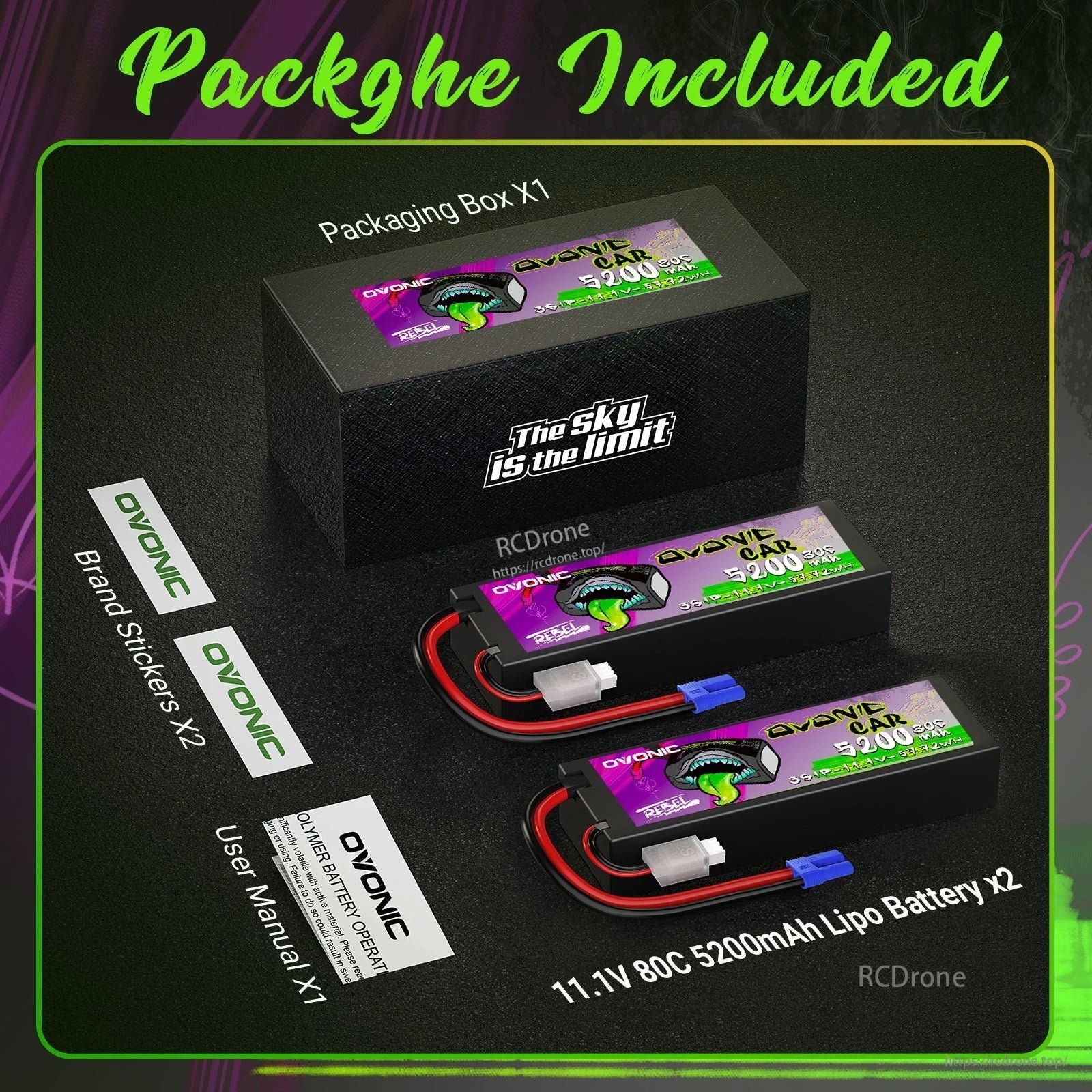 Package contents: 2 Ovonic Rebel 2.0 3S 5200mAh hardcase LiPo batteries, box, stickers, and user manual