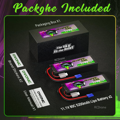 Package contents: 2 Ovonic Rebel 2.0 3S 5200mAh hardcase LiPo batteries, box, stickers, and user manual