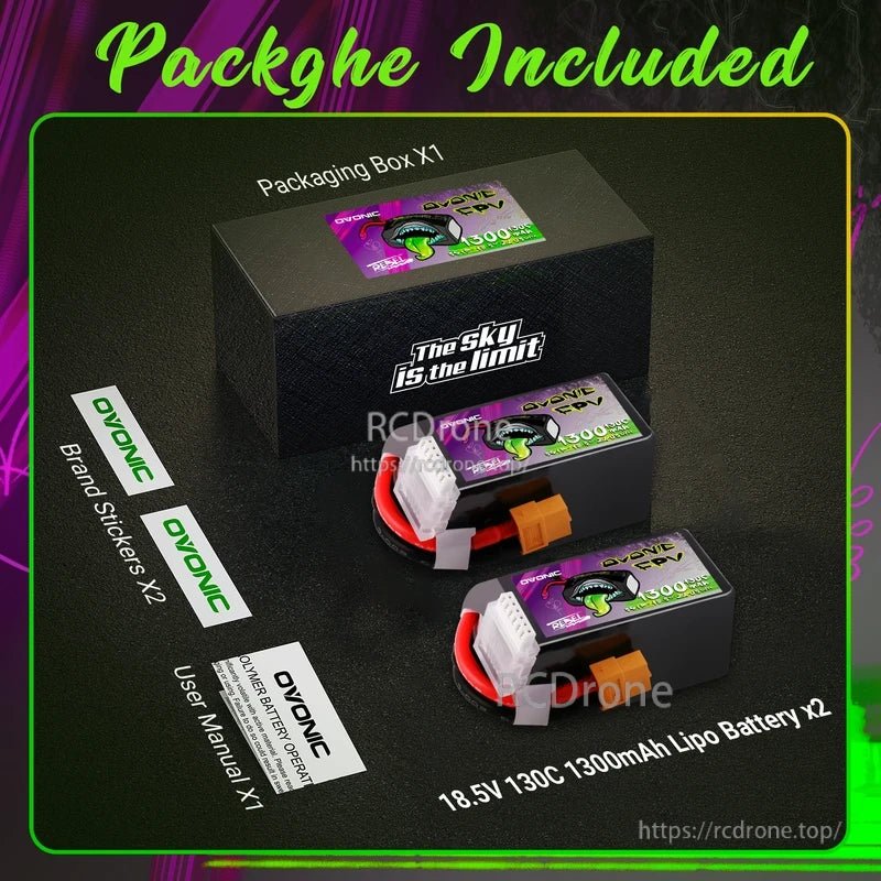 Package contents: two 18.5V 130C 1300mAh LiPo batteries, packaging box, brand stickers, user manual