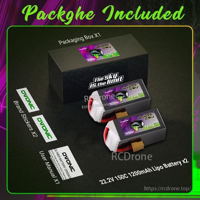 Package contents: two 22.2V 1200mAh LiPo batteries, packaging box, user manual, and Ovonic brand stickers