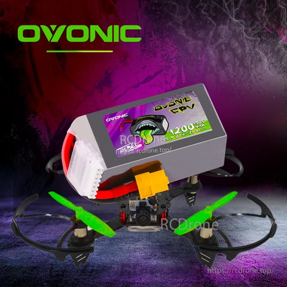 Ovonic Rebel FPV 6S battery shown installed on a 5-inch FPV quadcopter with XT60 lead