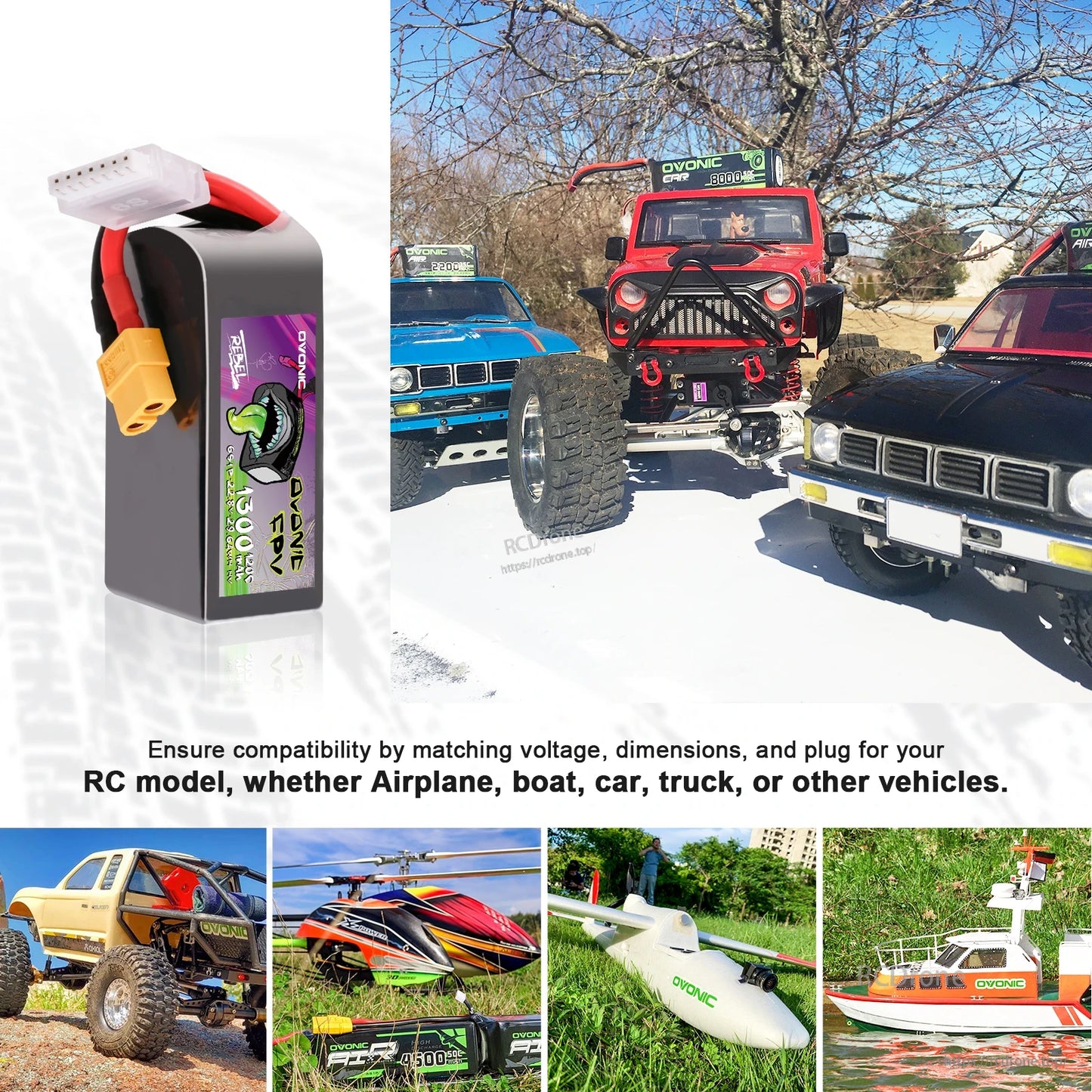 Battery compatibility use-case collage with RC vehicles, helicopter, airplane and boat examples