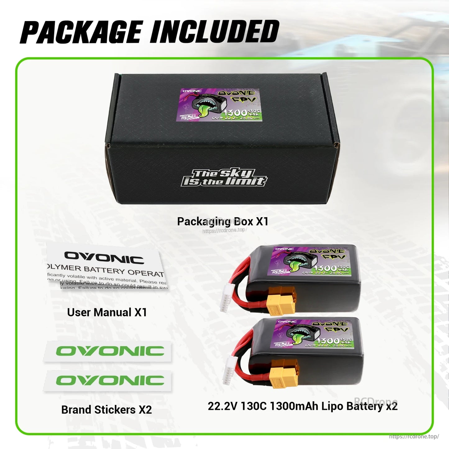 Package contents: 2 Ovonic Rebel 2.0 6S 1300mAh LiPo batteries, packaging box, user manual, and 2 brand stickers