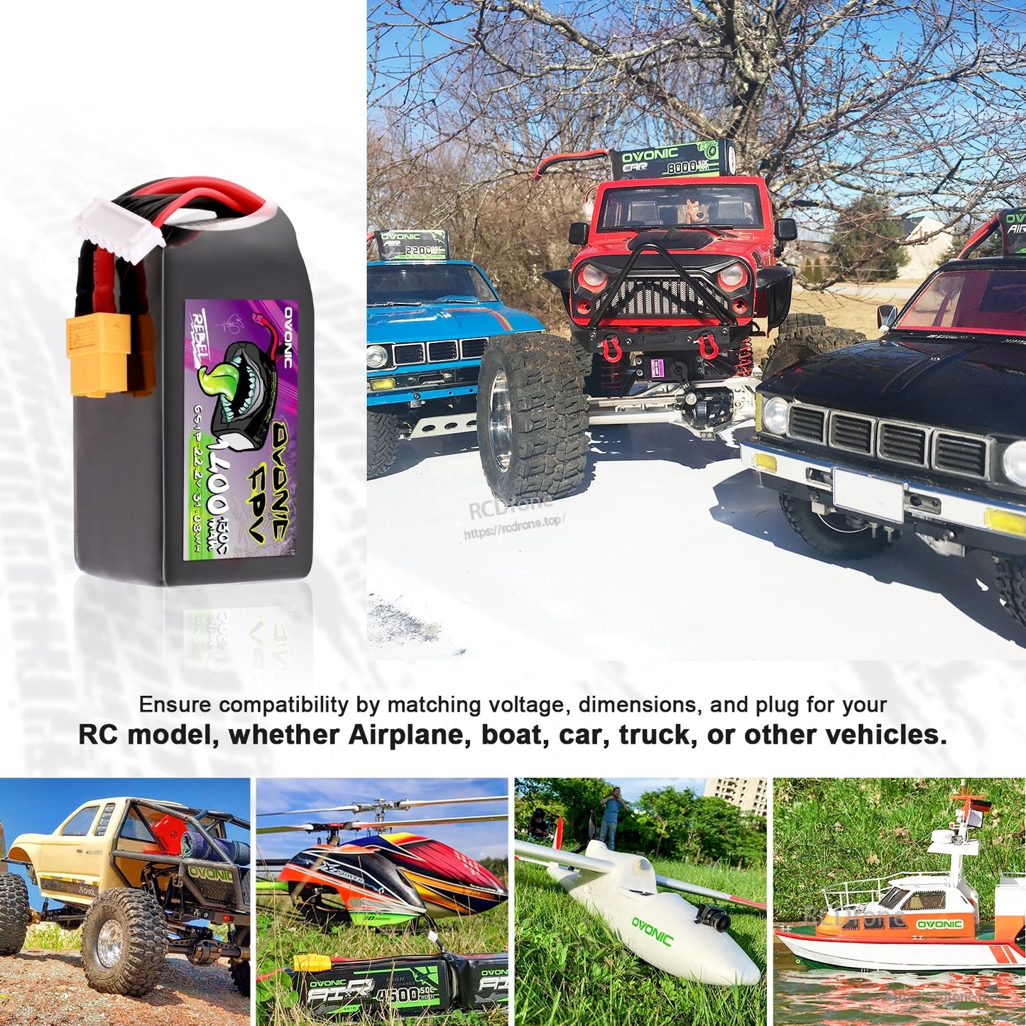 LiPo battery application graphic for RC models, showing use with cars, trucks, airplane, boat and helicopter