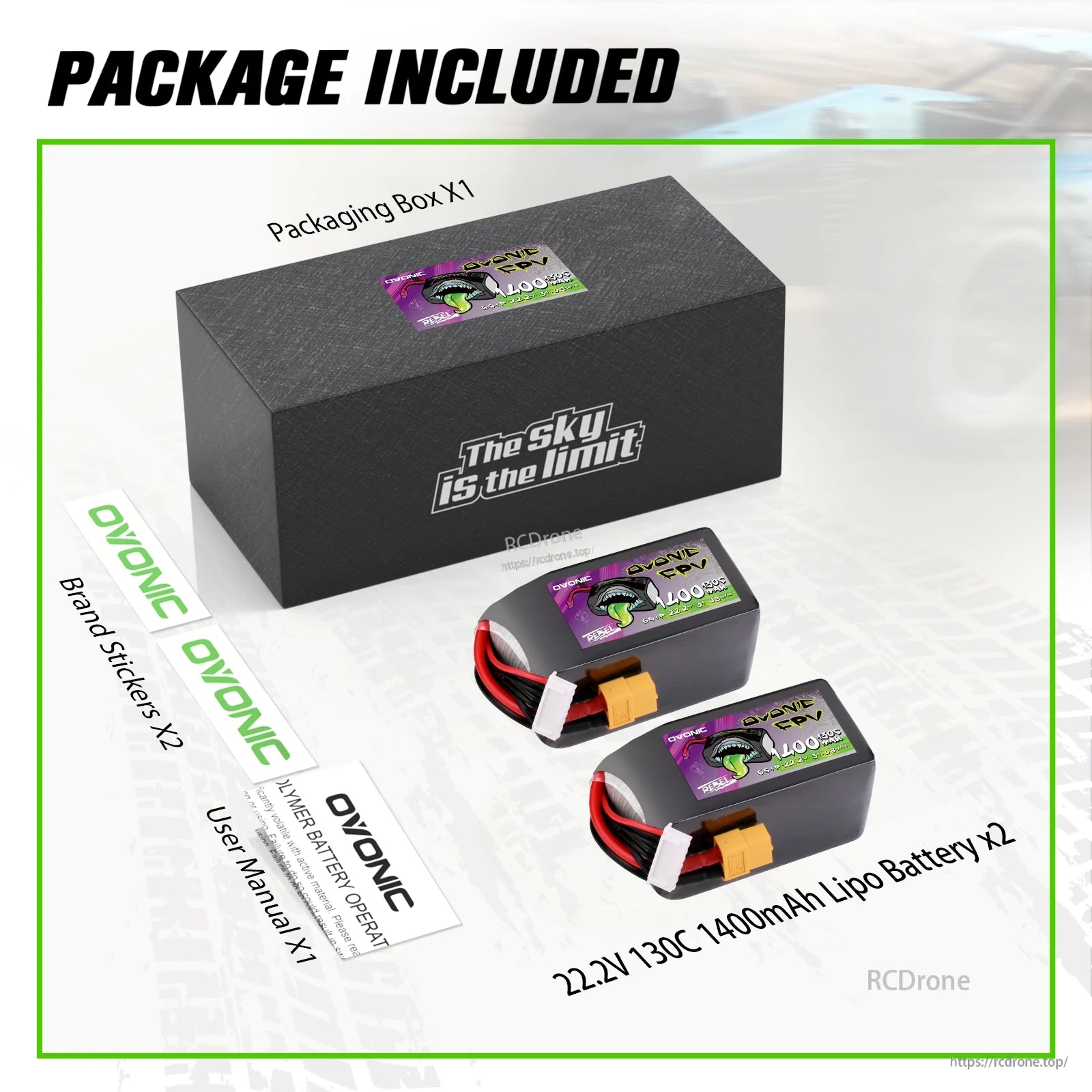 Package contents: two 6S 1400mAh LiPo batteries, storage box, brand stickers, user manual and safety leaflet