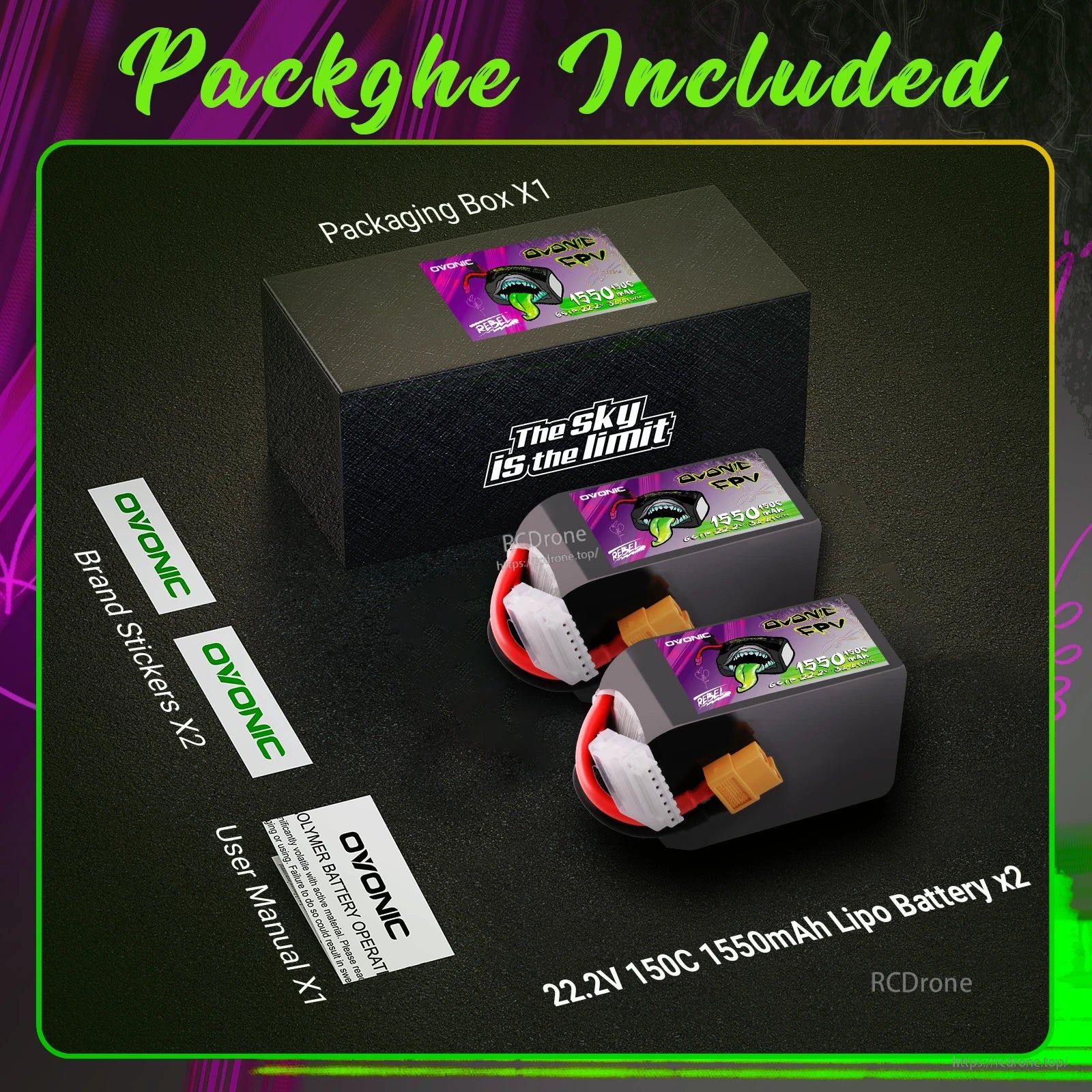 Package contents: two 22.2V 1550mAh LiPo batteries, packaging box, user manual, and two Ovonic brand stickers