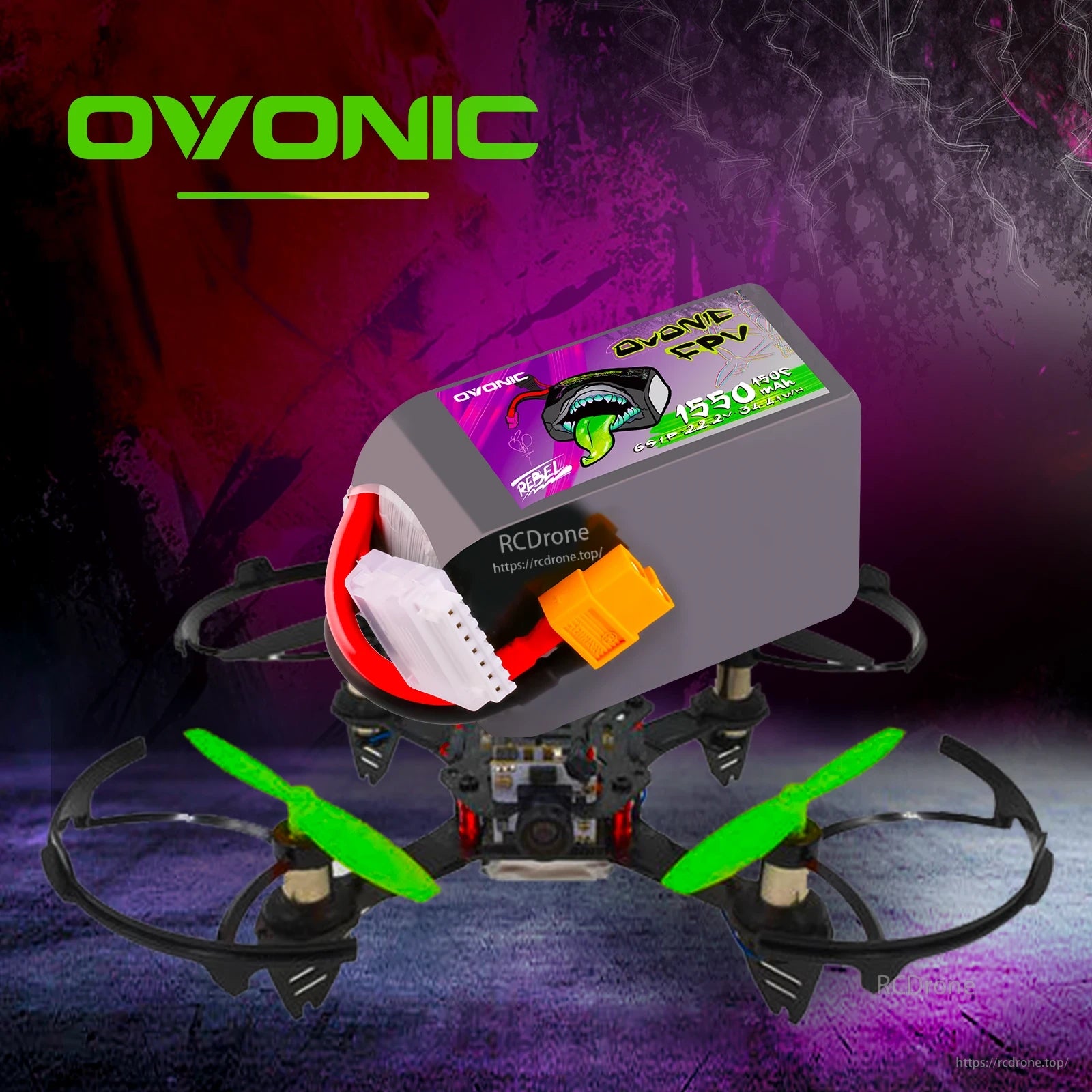 Ovonic Rebel 6S 1550mAh FPV LiPo battery shown mounted on racing quadcopter use case image