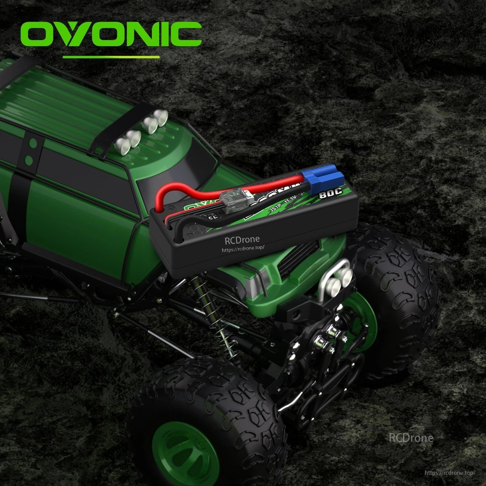 Application graphic showing hardcase LiPo battery on a 1/10–1/7 RC truck chassis