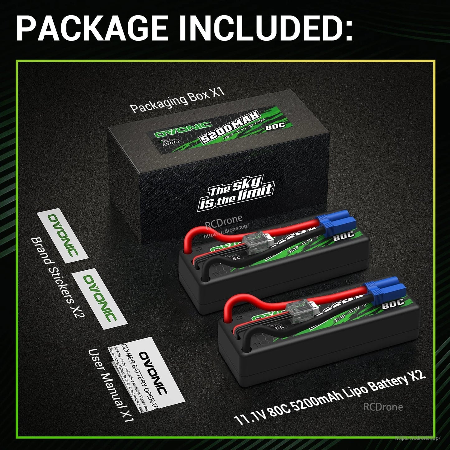 Package contents: 2 hardcase LiPo batteries, packaging box, user manual, and Ovonic brand stickers