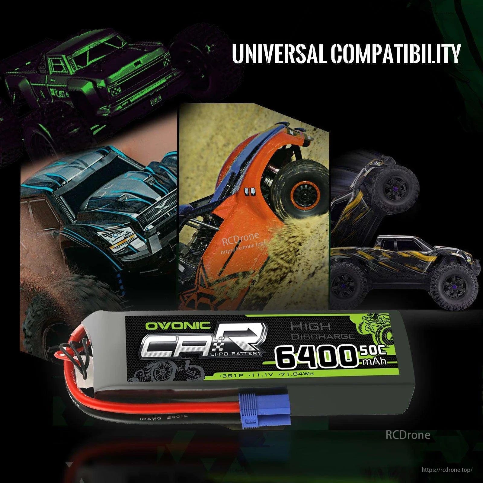 RC car use-case graphic labeled universal compatibility with Ovonic 6400mAh battery shown in front