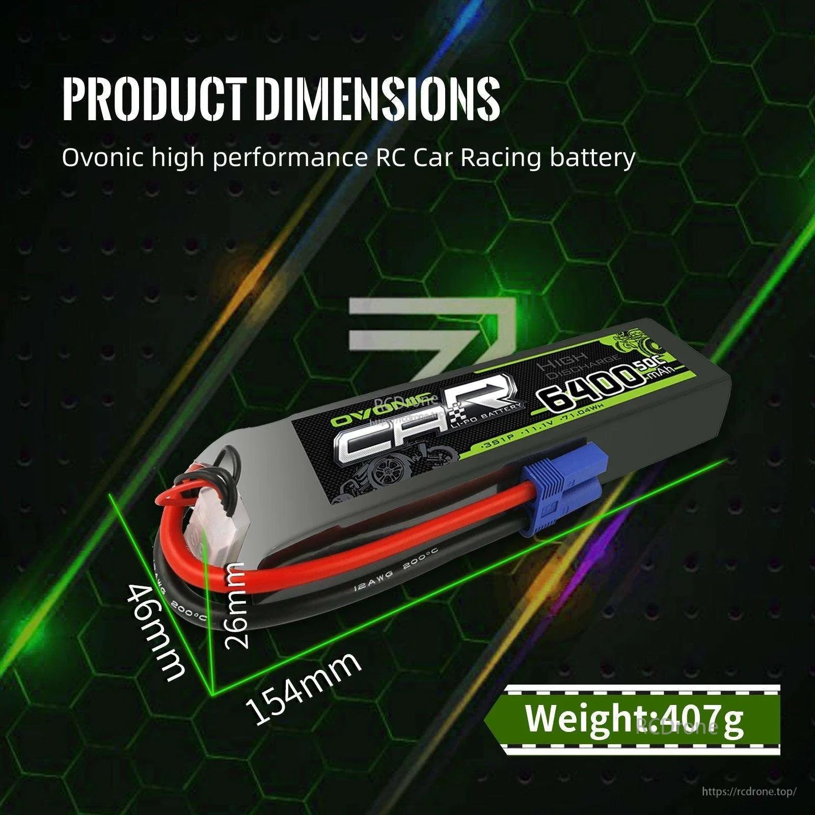Ovonic 6400mAh LiPo product dimensions graphic showing 154mm length, 46mm width, 26mm height and 407g weight