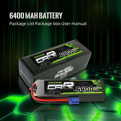 Package contents view with Ovonic 6400mAh battery and retail box; text mentions package box and user manual