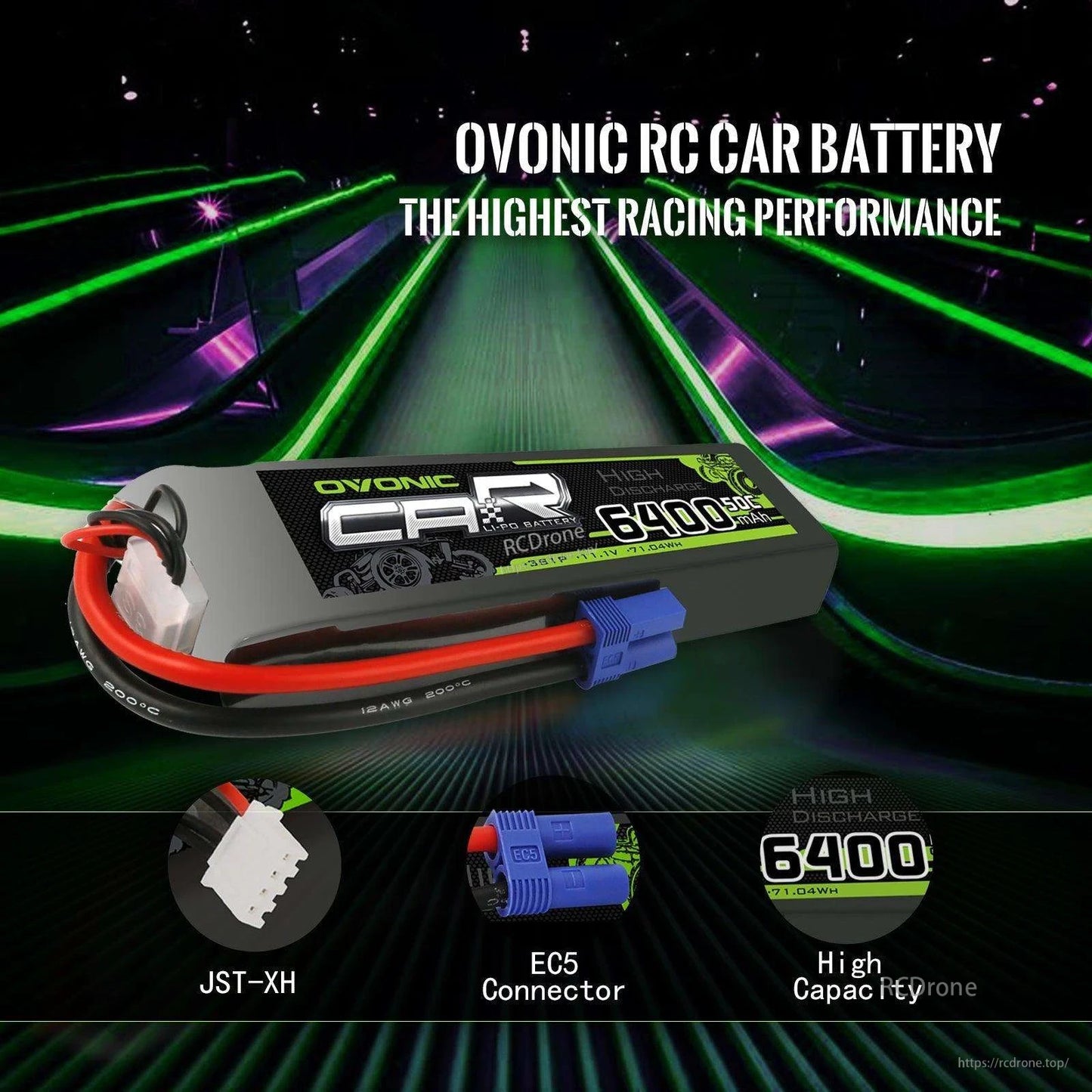 2× Ovonic Rebel 3S 6400mAh 11.1V 60C LiPo Battery graphic showing EC5 plug and JST-XH balance lead