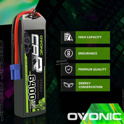 Side view of Ovonic 6400mAh LiPo with icon list: high capacity, endurance, premium quality, energy conservation