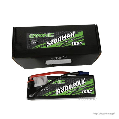 Box-and-battery set on white background showing Ovonic Rebel 5200mAh 100C label and included packaging