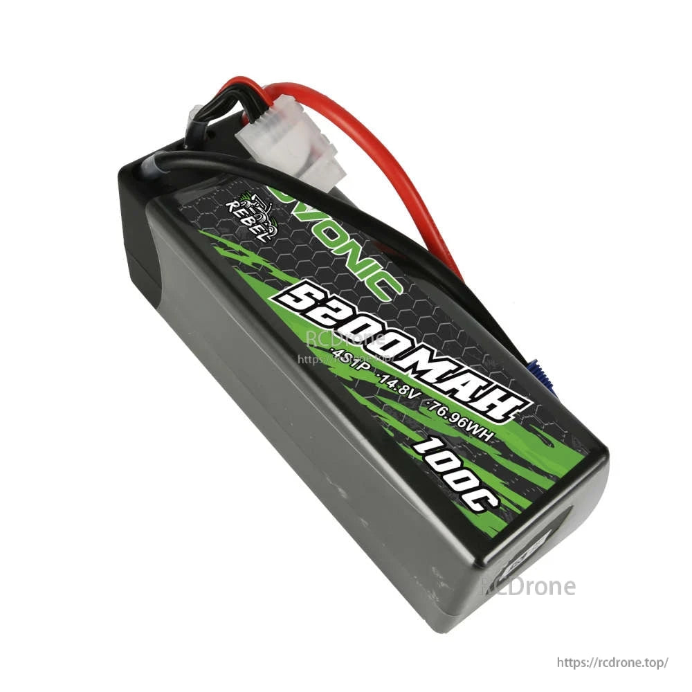 Top angled view showing hardcase end cap and Ovonic 5200mAh 100C label with attached wires