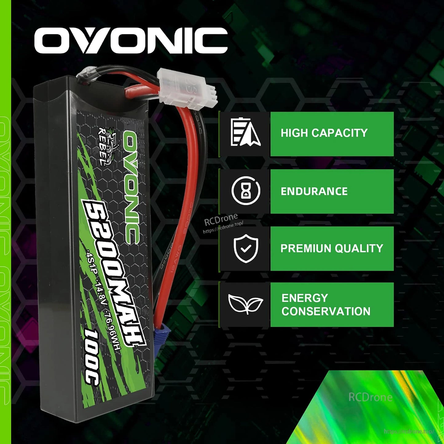 Ovonic Rebel battery feature graphic showing high capacity, endurance, premium quality and energy conservation icons