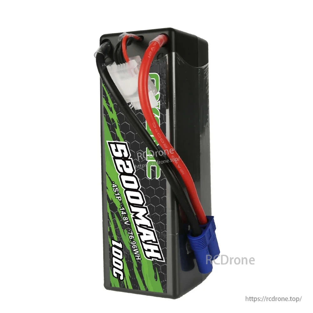 Angled view of Ovonic Rebel 4S 5200mAh hardcase LiPo with blue EC5 plug and white balance connector