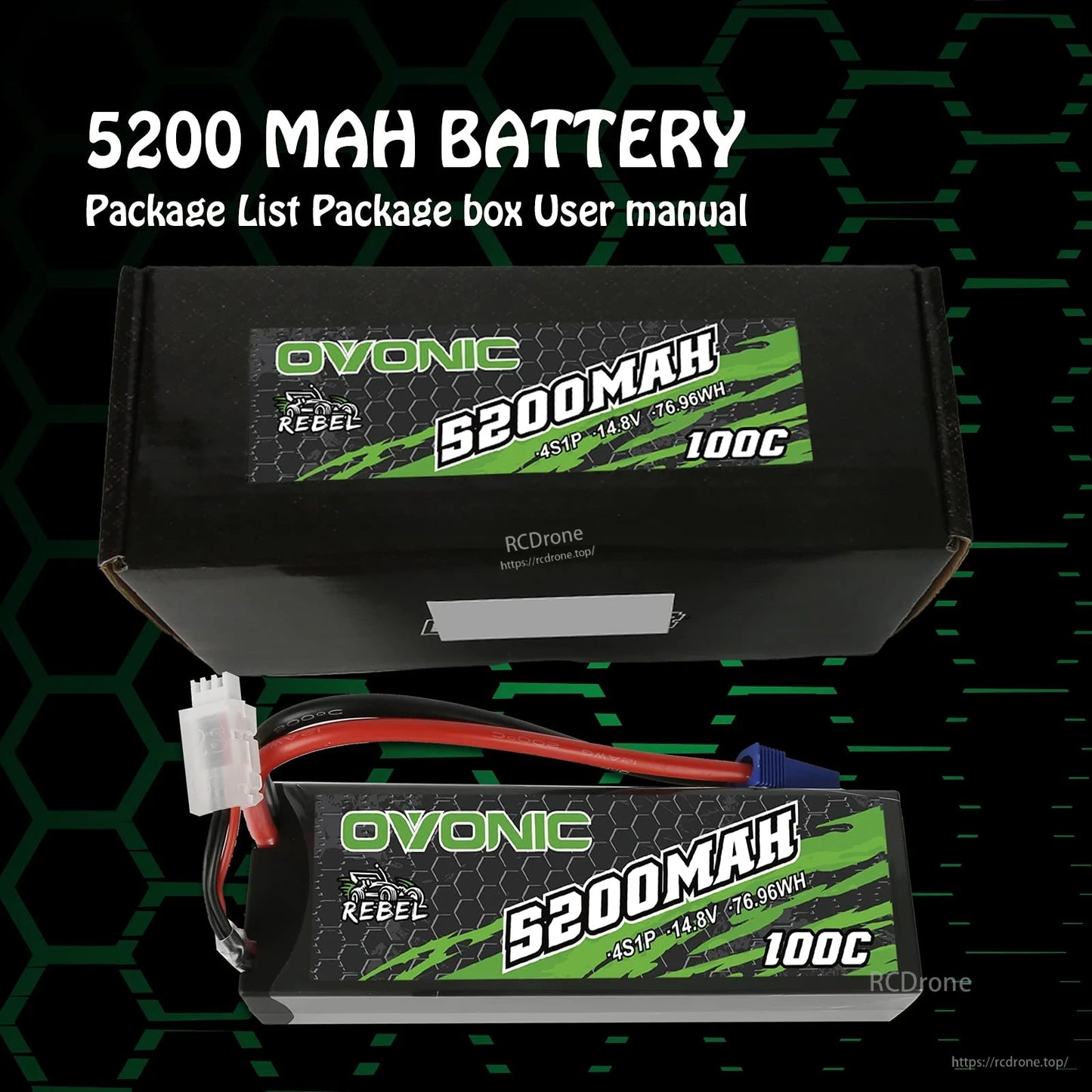 Package contents shown with Ovonic 5200mAh battery and retail box, package list and user manual text