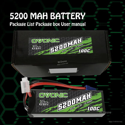 Package contents shown with Ovonic 5200mAh battery and retail box, package list and user manual text