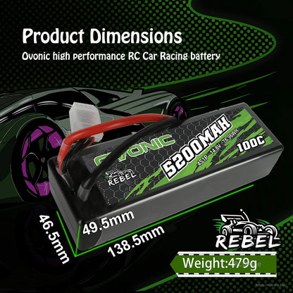 Ovonic Rebel 4S 5200mAh 100C hardcase LiPo battery dimensions graphic with weight and size callouts