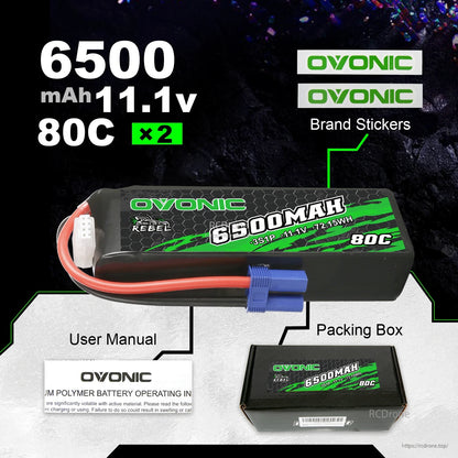 Package contents: Ovonic 6500mAh 11.1V 80C battery x2 with stickers, user manual, and packing box