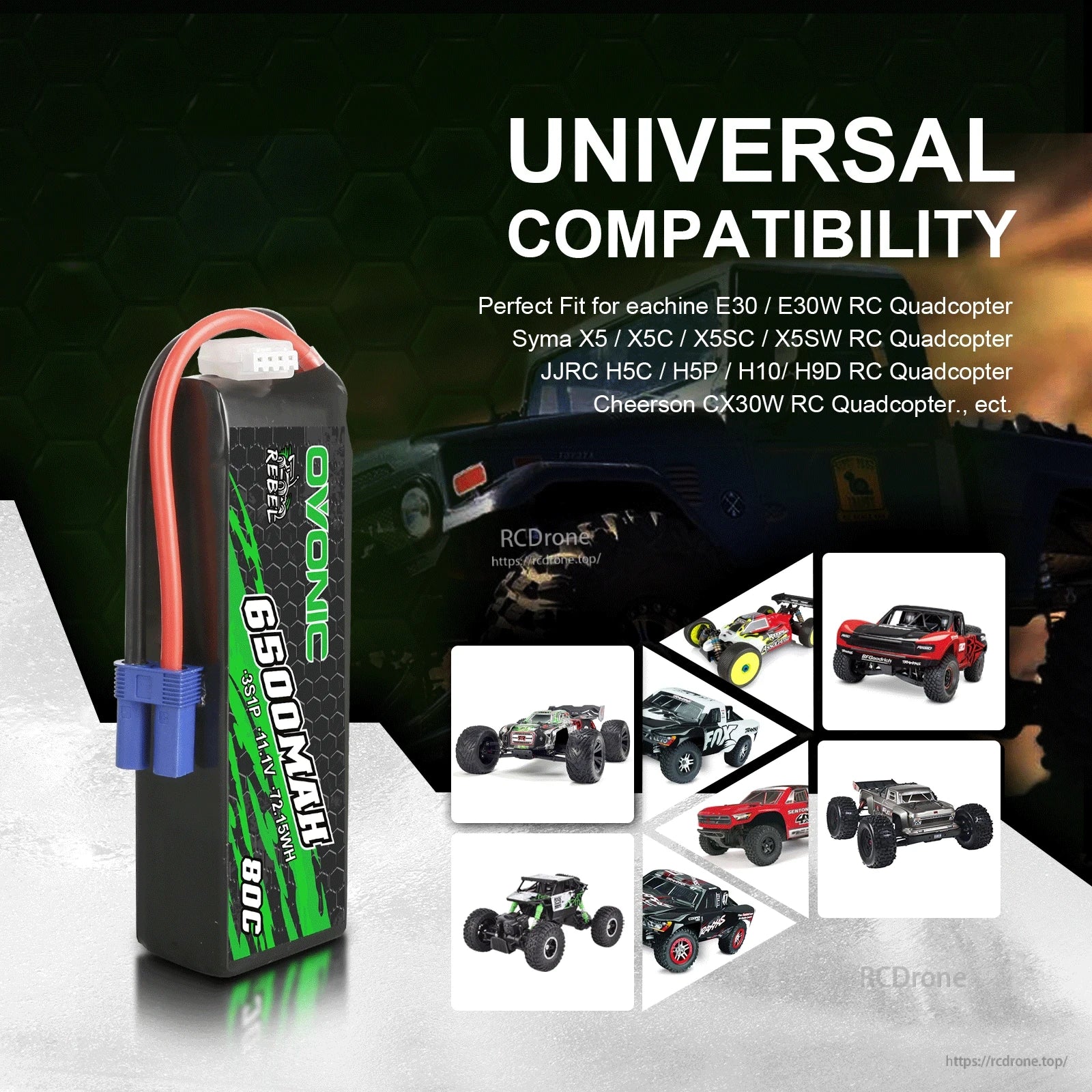 Universal compatibility graphic showing Ovonic 6500mAh 3S LiPo battery with RC car and quadcopter icons