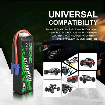 Universal compatibility graphic showing Ovonic 6500mAh 3S LiPo battery with RC car and quadcopter icons