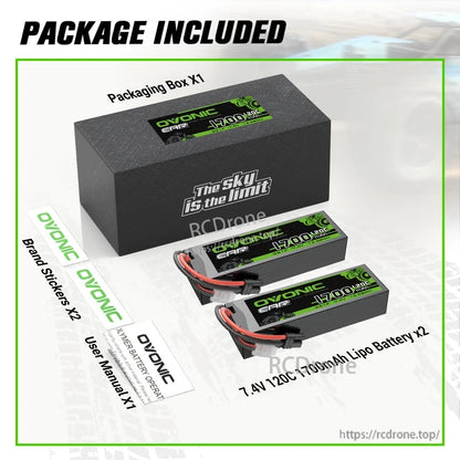 Package contents: box, user manual, brand stickers, and two 7.4V 1700mAh 120C OVONIC LiPo batteries
