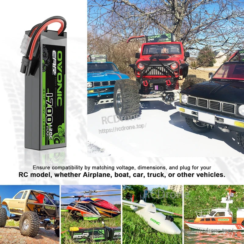 RC vehicle and model application collage showing OVONIC 1700mAh 7.4V LiPo battery use cases