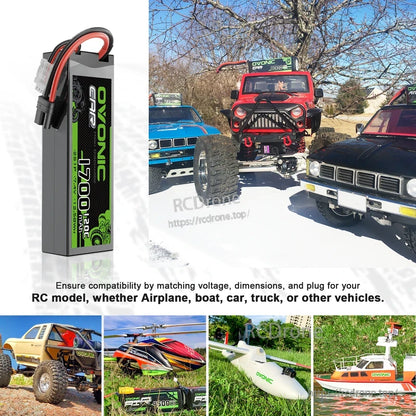 RC vehicle and model application collage showing OVONIC 1700mAh 7.4V LiPo battery use cases