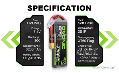Specification table graphic: OVONIC 7.4V 2S1P soft case, 3200mAh 80C, XT60 discharge, JST-XHR-3P balance