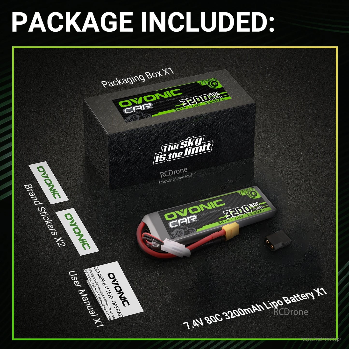 Package contents shown: one OVONIC battery with retail box, user manual, brand stickers, and small adapter