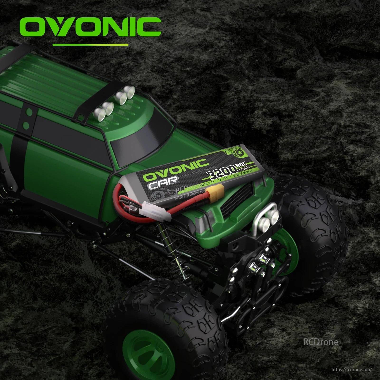 OVONIC 2S LiPo battery pictured installed in an RC monster truck application scene