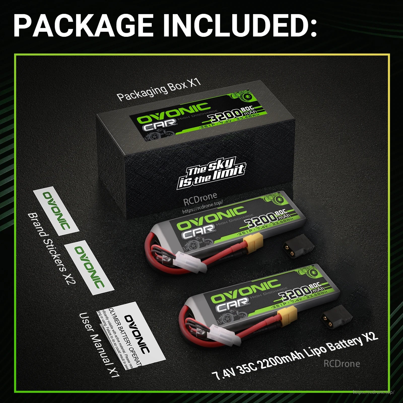 Package contents shown: two OVONIC batteries, retail box, user manual, brand stickers, and small adapter
