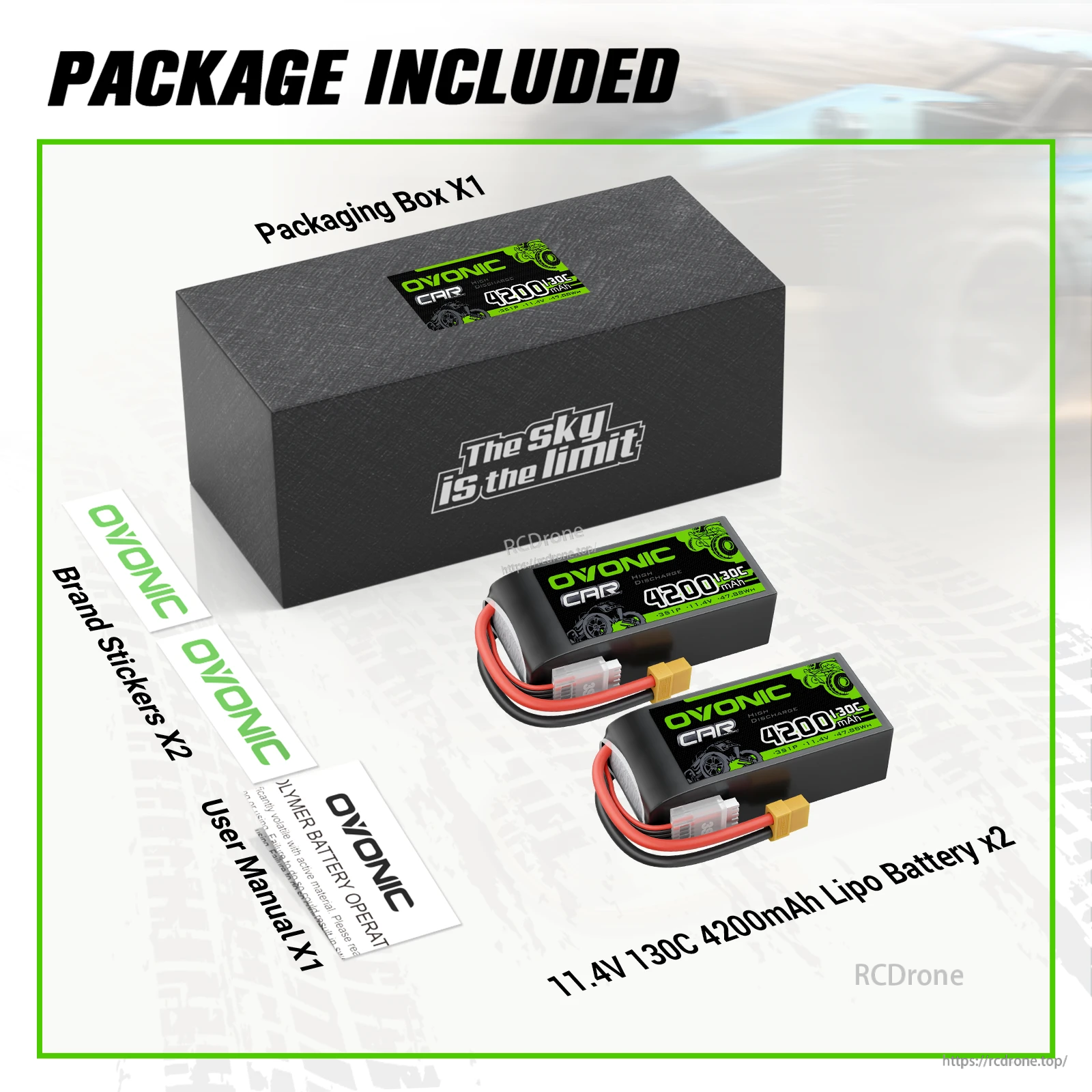 Package contents for OVONIC 2-pack 3S 4200mAh 130C LiPo batteries: 2 packs, box, manual, and 2 brand stickers