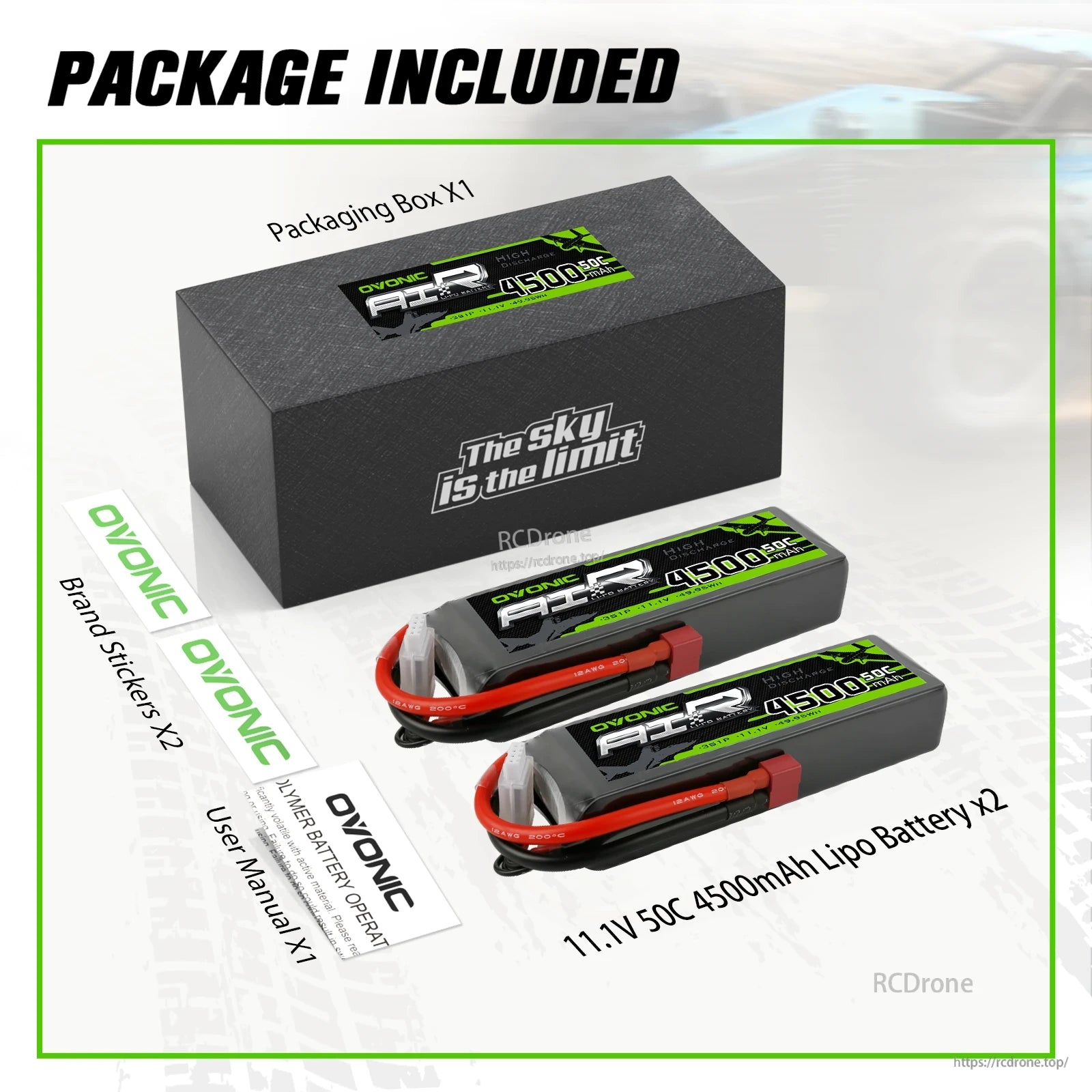 Package included: two 11.1V 4500mAh LiPo batteries, packaging box, brand stickers, and user manual