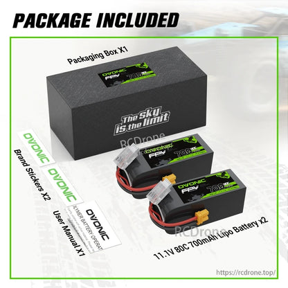 Package contents: two 11.1V 700mAh 80C OVONIC LiPo batteries, packaging box, brand stickers, user manual