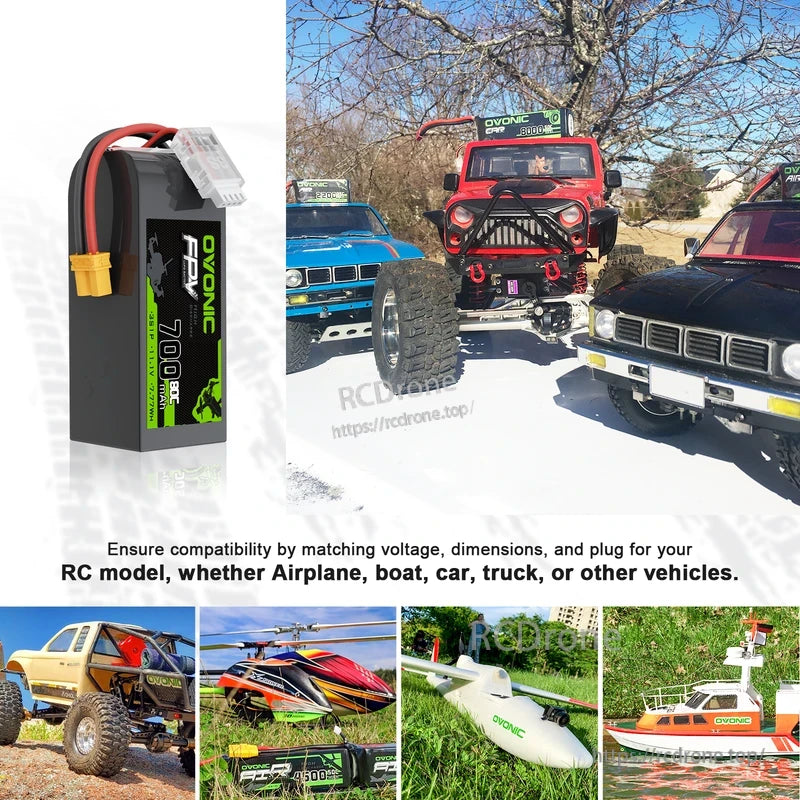 2-Pack OVONIC 700mAh 3S 11.1V 80C LiPo Battery shown with RC car, truck, airplane, boat and helicopter use images