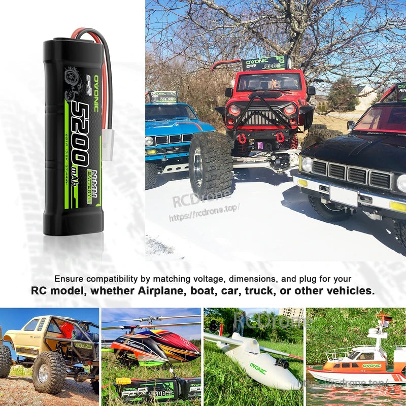 OVONIC 7.2V 5200mAh NiMH battery shown with RC car, boat, airplane and helicopter use-case collage