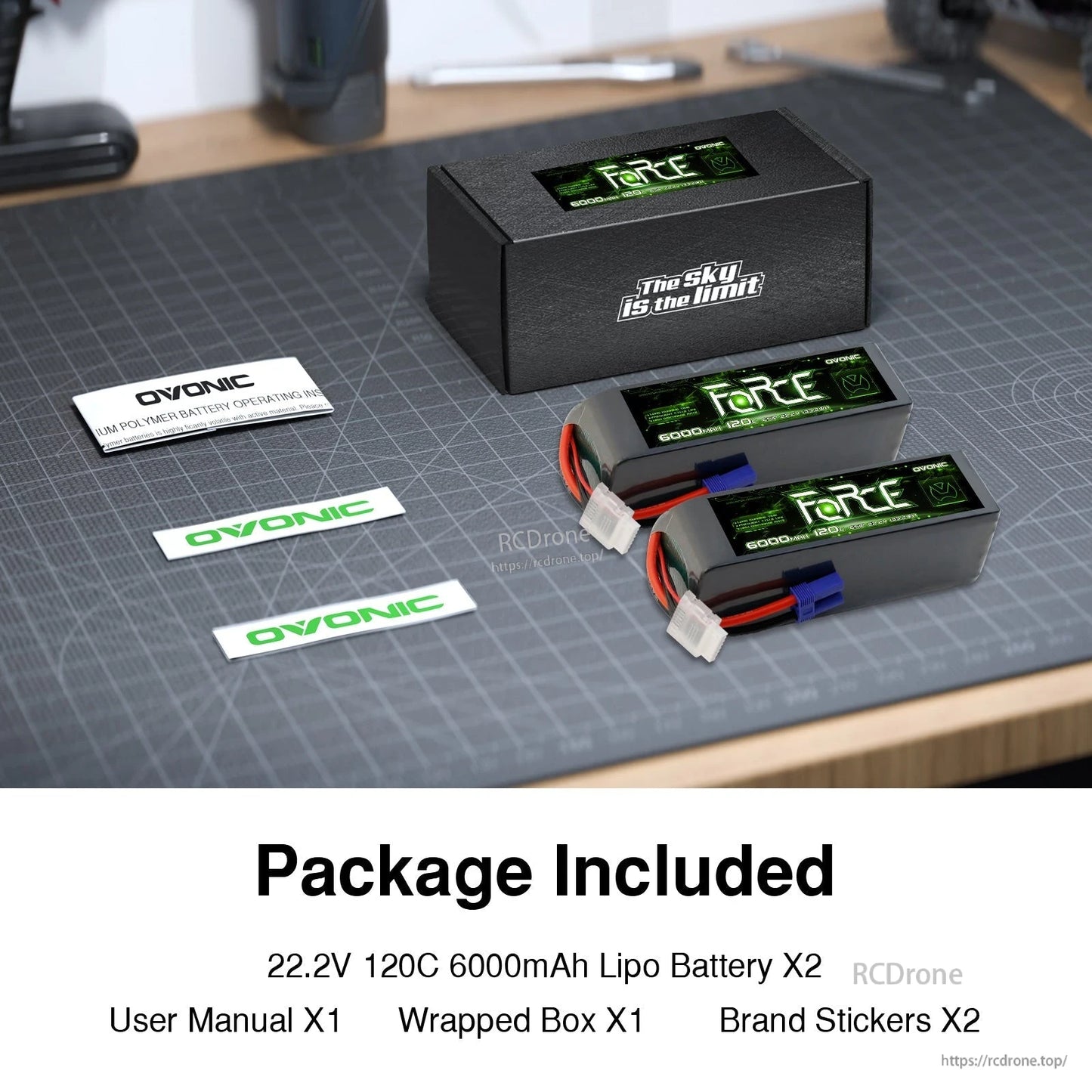 Package contents: two OVONIC Force 6S 6000mAh LiPo batteries, user manual, box, and brand stickers