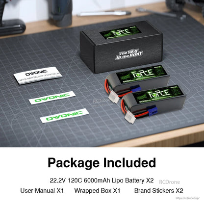 Package contents: two OVONIC Force 6S 6000mAh LiPo batteries, user manual, box, and brand stickers