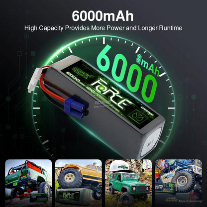 6000mAh high-capacity graphic with OVONIC Force LiPo battery shown at angle and runtime icons below