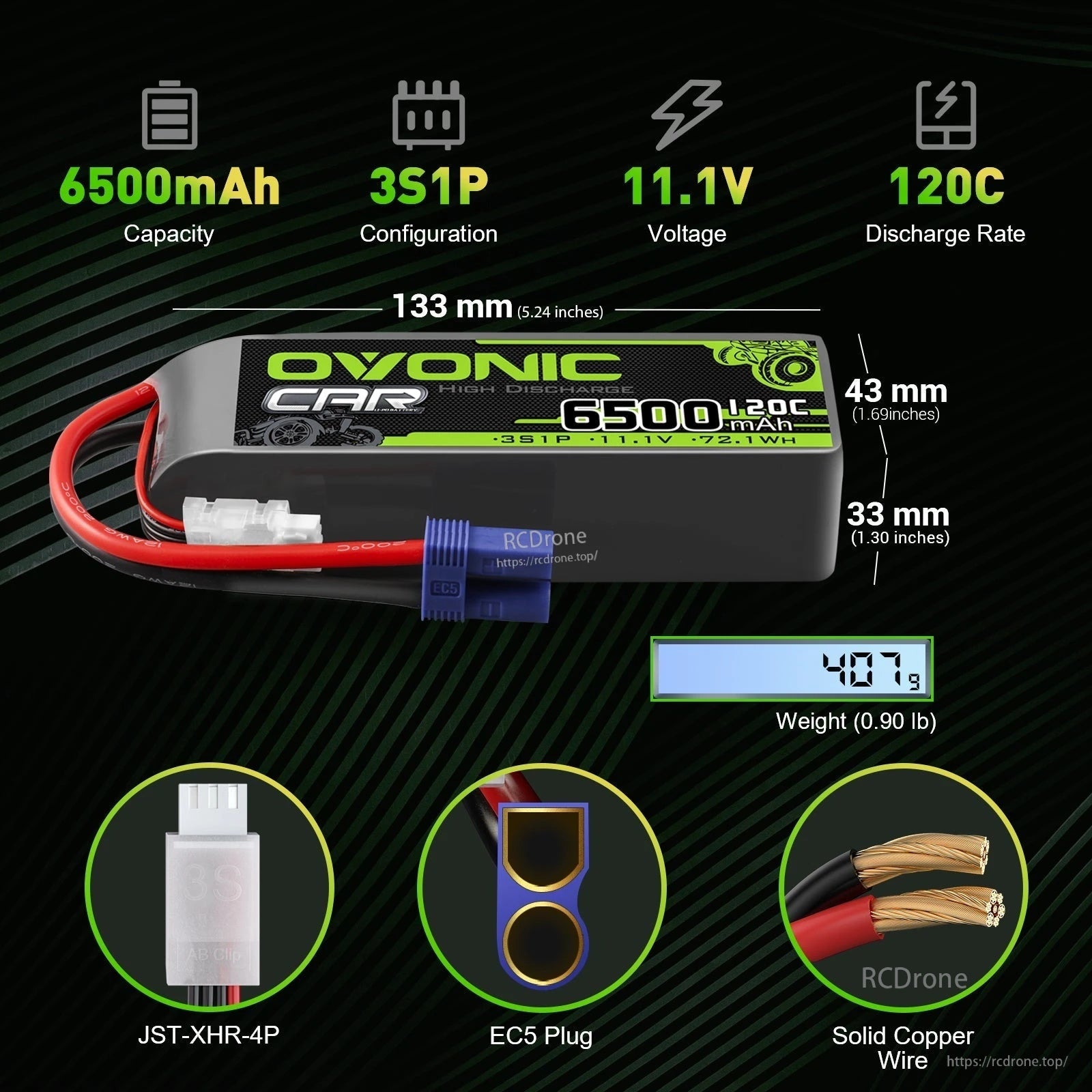 Ovonic 2-Pack 120C 3S 6500mAh 11.1V LiPo battery with EC5 plug, size and weight details