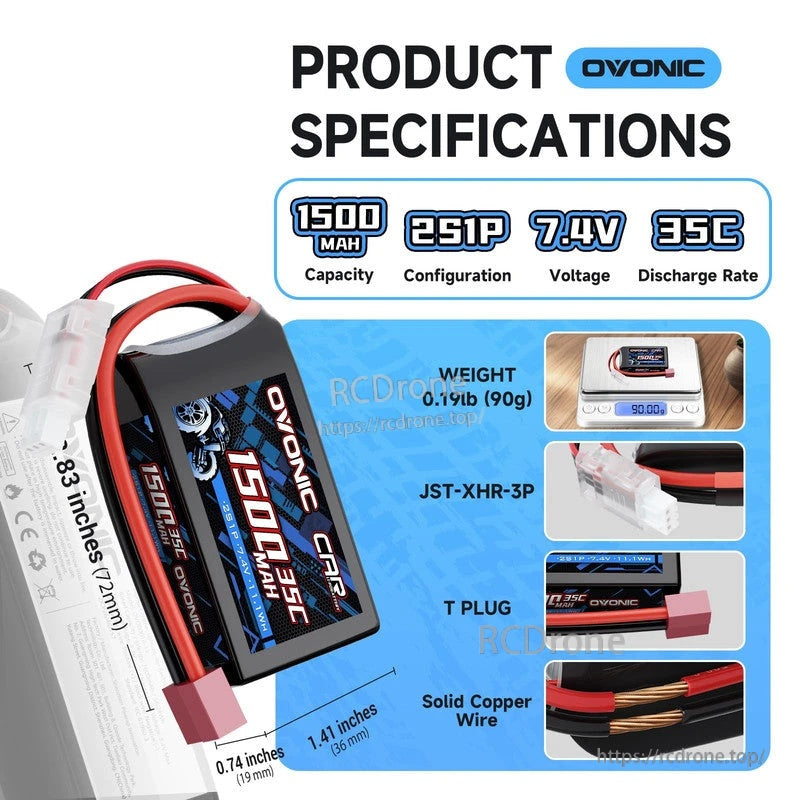 Ovonic 2-pack 2S 1500mAh 7.4V 35C shorty LiPo batteries with Deans T-plug and JST-XH balance lead