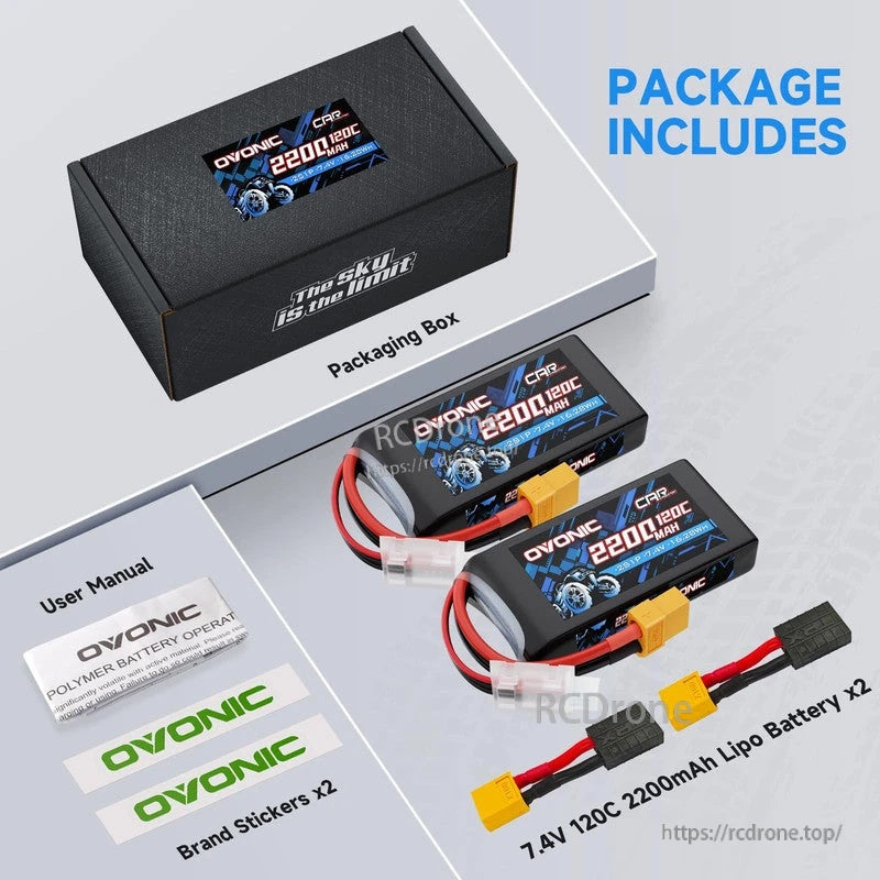 Package contents: two Ovonic 2S 2200mAh 7.4V 120C LiPo batteries, XT60-to-TRA adapters, stickers, manual and box