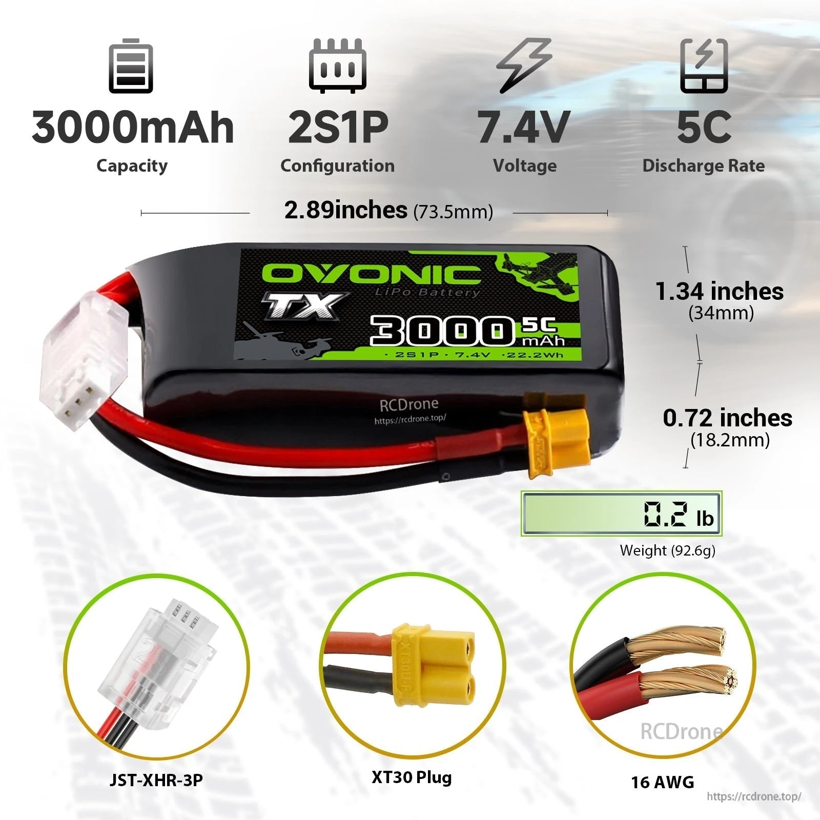 Ovonic 2S 3000mAh 7.4V 5C softcase LiPo battery with XT30 and JST-XHR-3P, size and weight callouts
