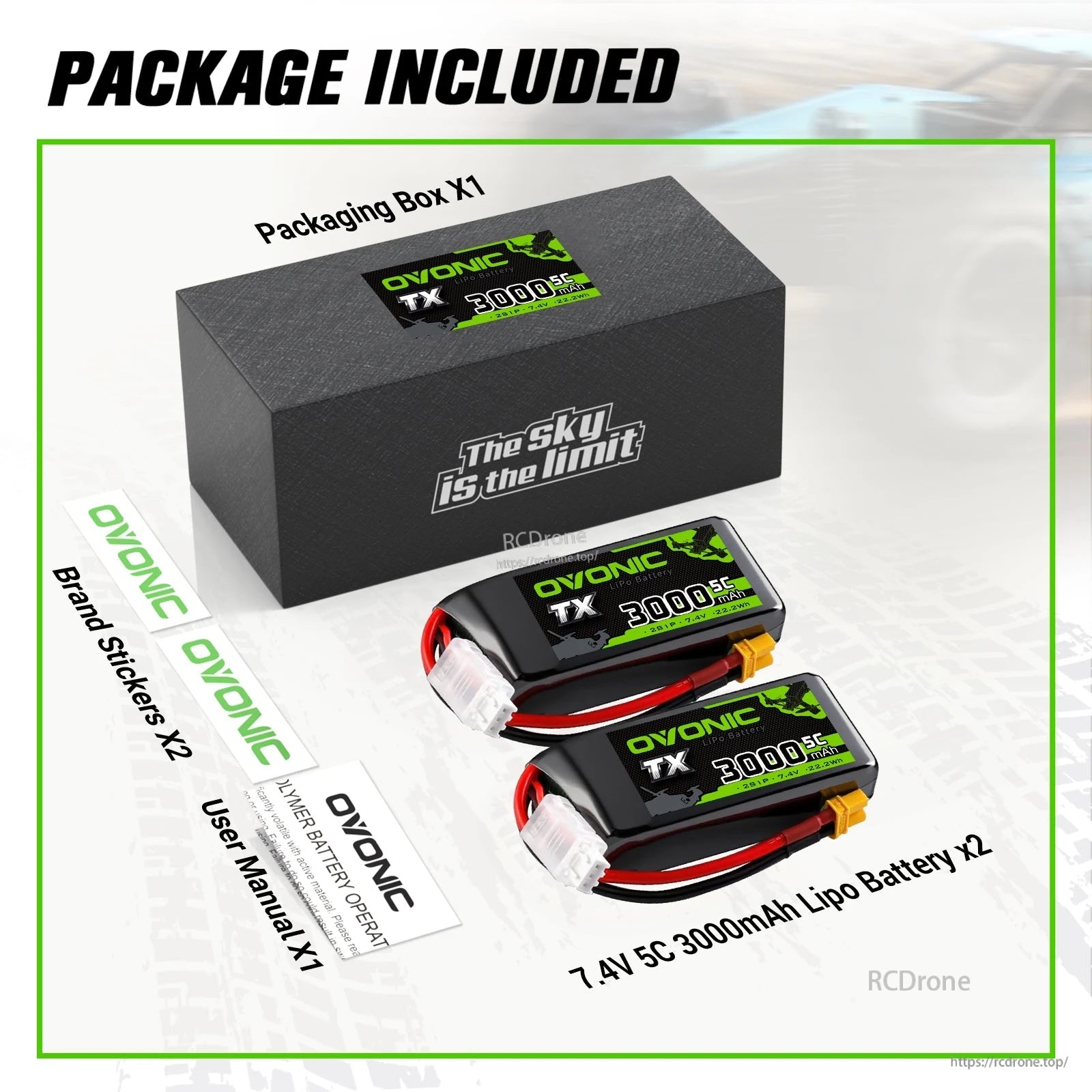 Ovonic 2S 3000mAh 7.4V 5C softcase LiPo battery package contents: two packs, box, brand stickers, and user manual