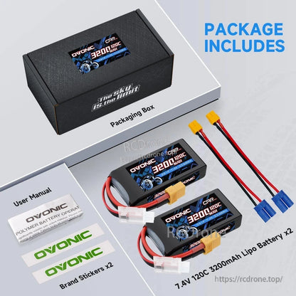 Package includes: 2 Ovonic 7.4V 3200mAh 120C LiPo batteries, packaging box, manual, stickers, adapter leads
